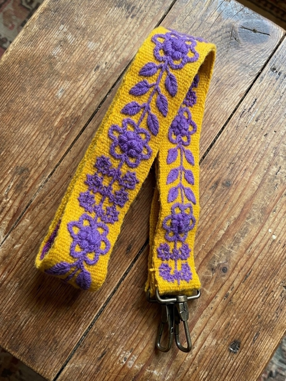 MADELINE PARKS embroidered purse strap in purple and Yellow 100% wool from Peru
